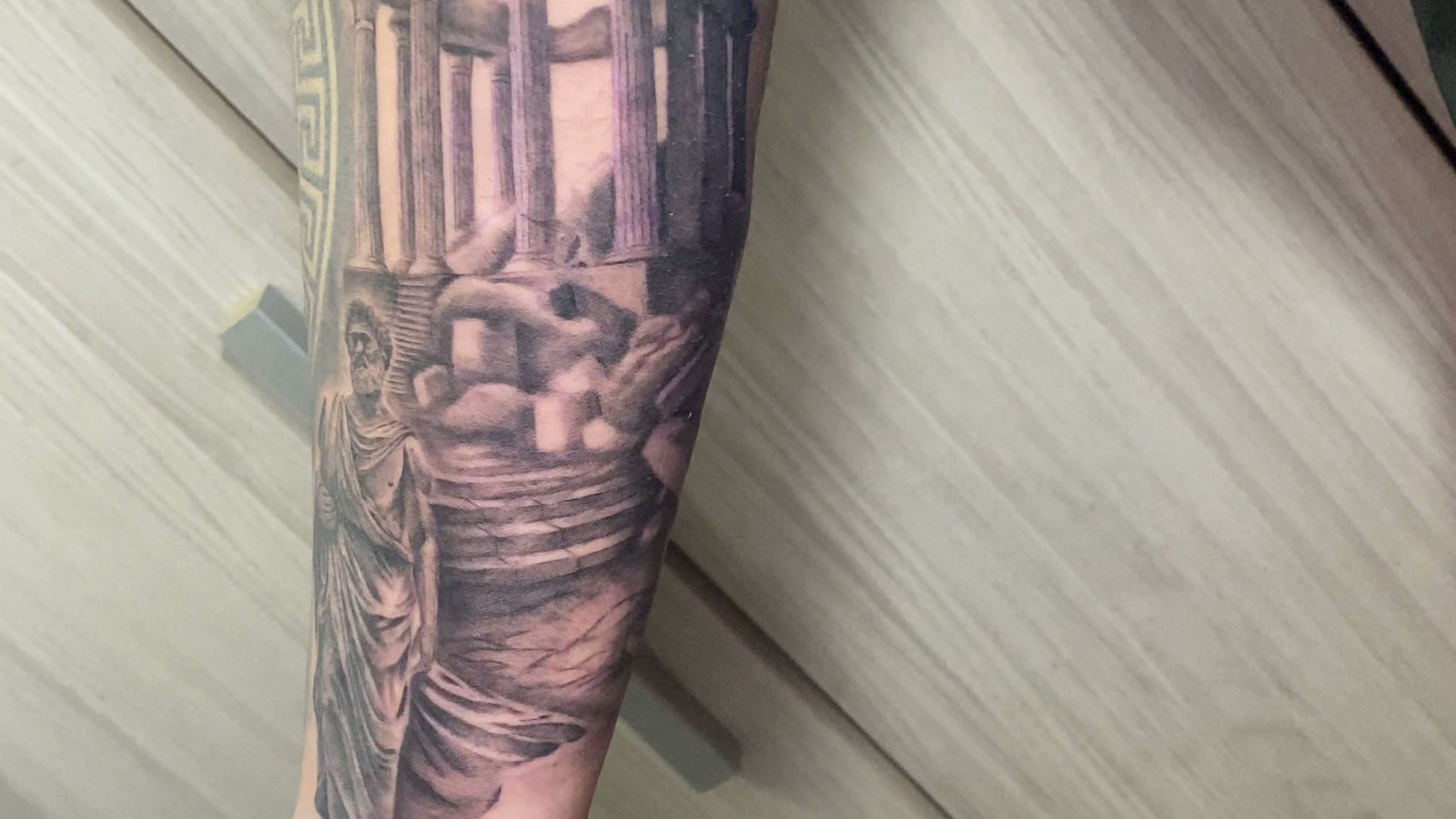 Black & Grey Greek Statue Forearm Sleeve | Realism Tattoo | White Sloth Tattoo Costa Rica